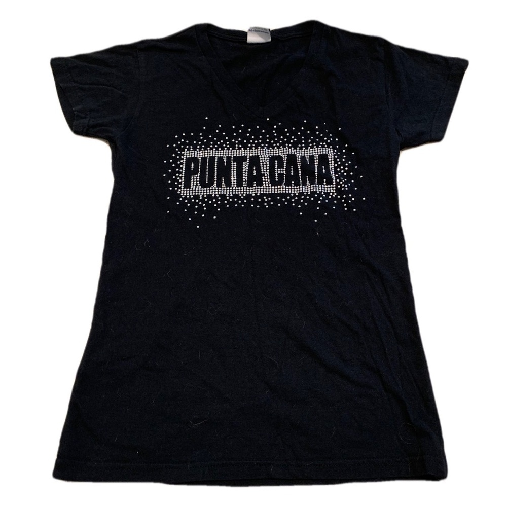 Ocean Dream Black Punta Cana Rhinestone Embellished V-Neck T-Shirt - Small